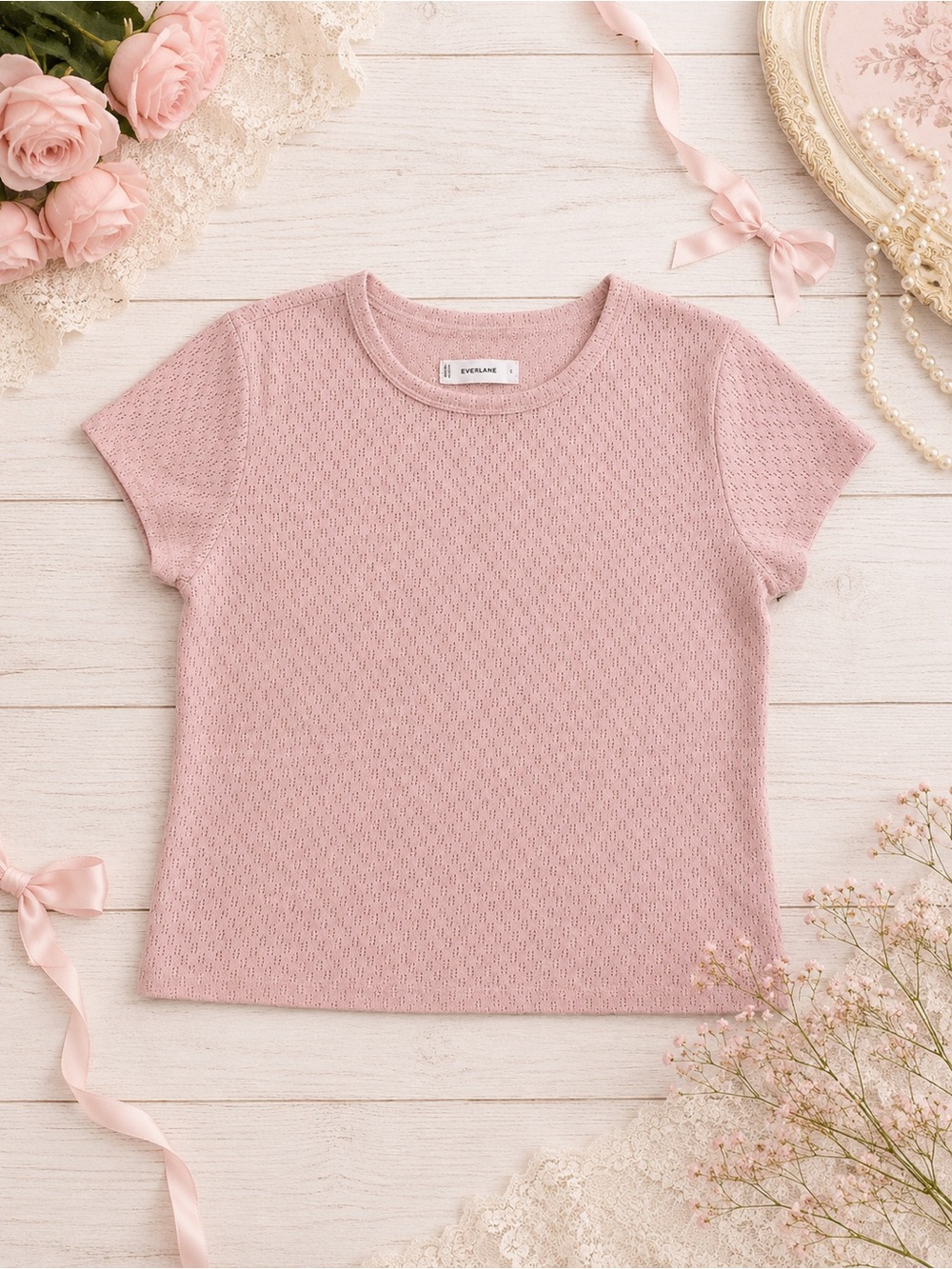 Everlane Pink Pointelle Tee Small Organic Cotton Short Sleeve Knit Top